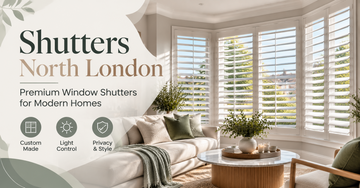 Modern tracked shutters installed on large windows in a UK home interior