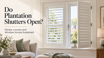 Plantation shutter panels and adjustable louvres opening for window access