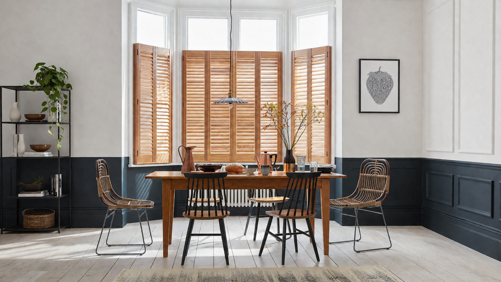 A dining room interior with a wooden table and chairs, large windows with tan louver shutters, dark navy wainscoting, and a light gray wall.