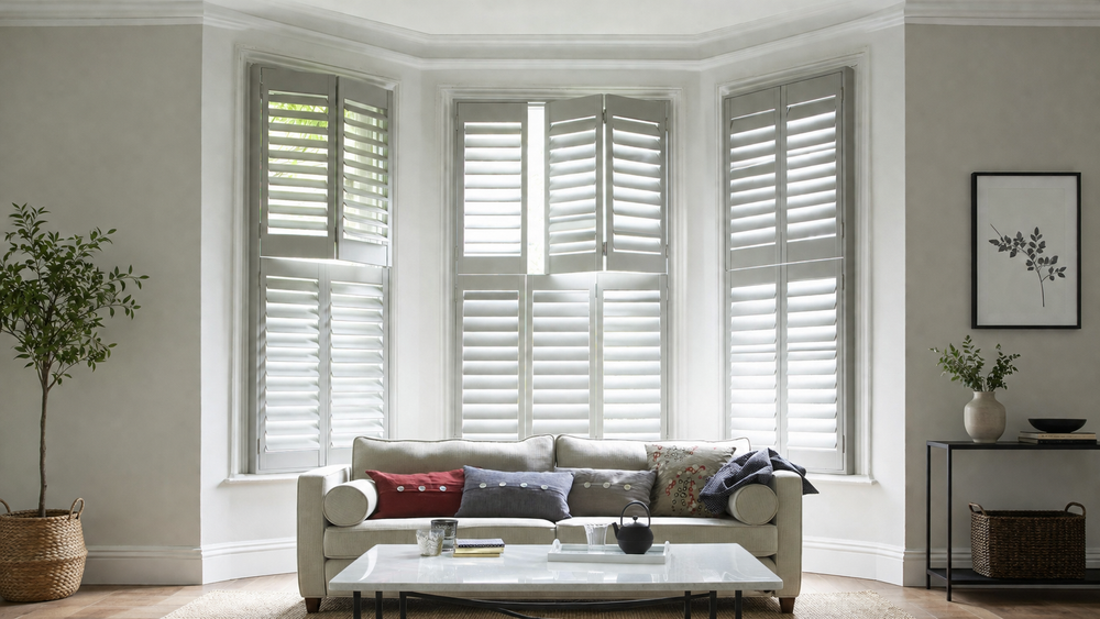 A staged living room featuring a large bay window with white plantation shutters, positioned above a cream-colored sofa with decorative cushions.