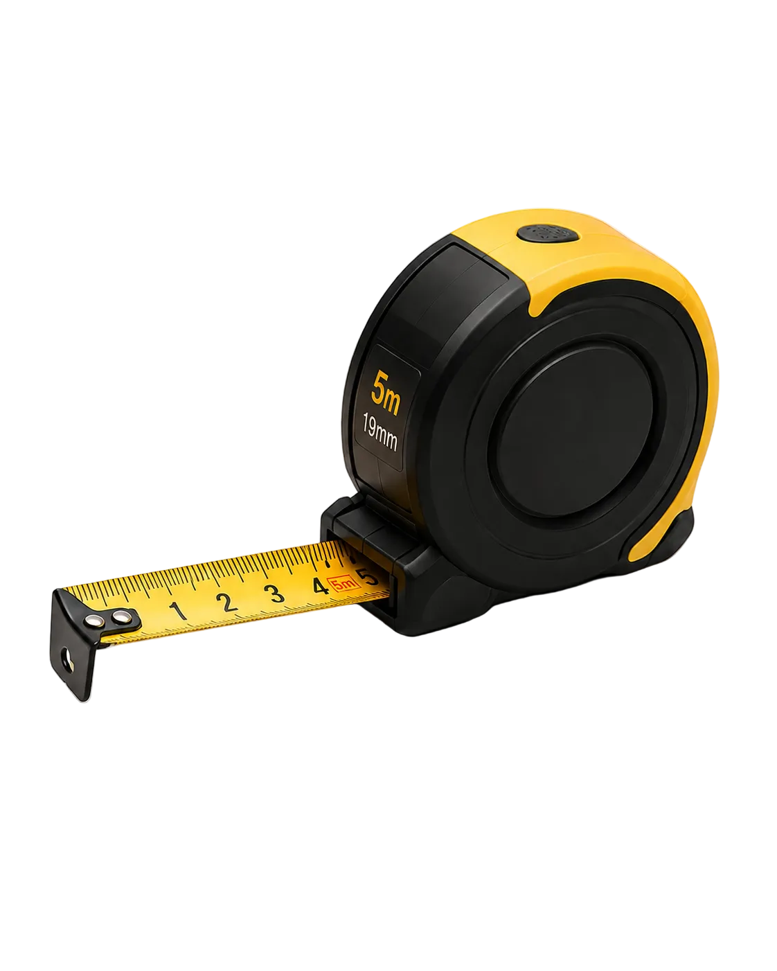 A yellow and black retractable tape measure with a yellow measuring tape extended, shown on a plain white background.