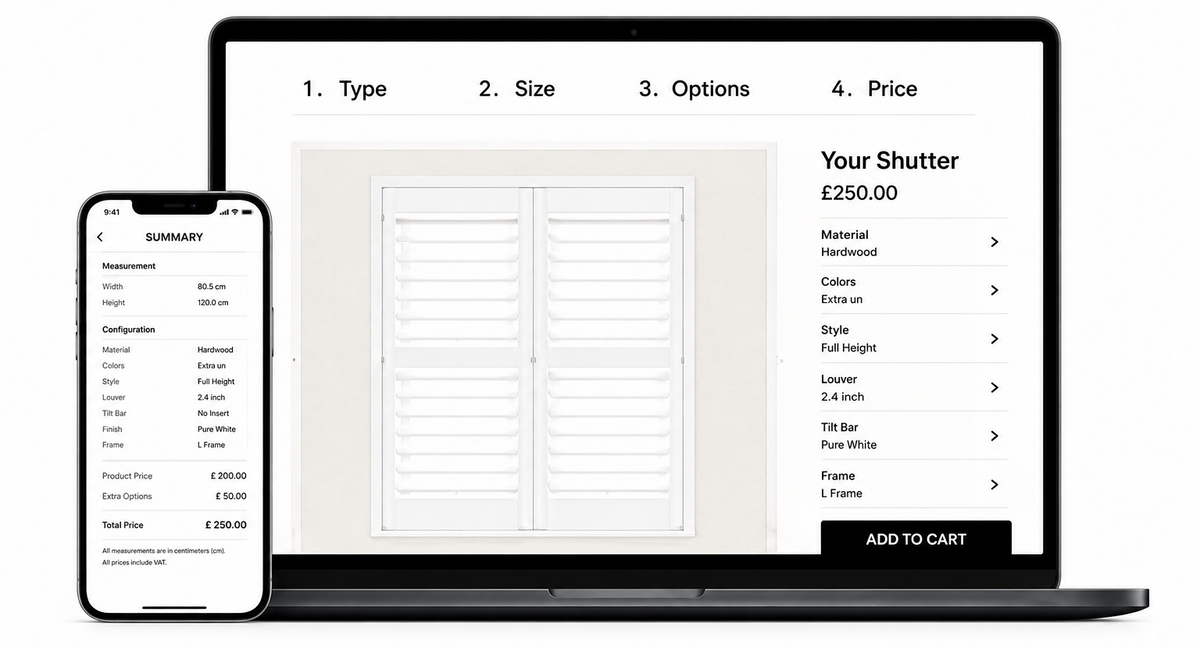 Laptop and smartphone displaying a product configurator for a shutter on a white background