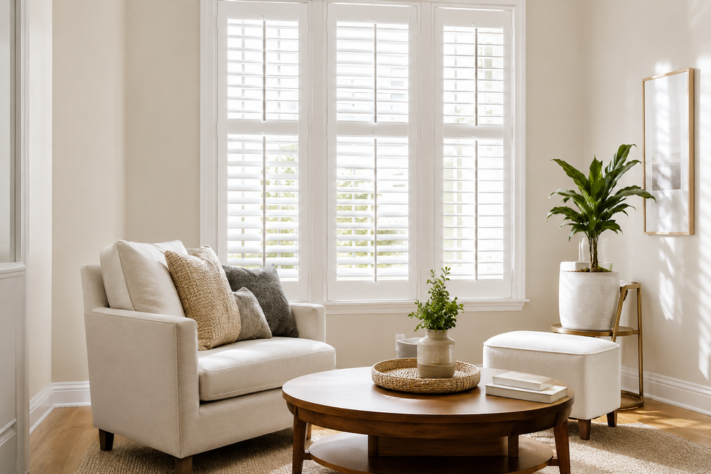Living room with a beige armchair, wooden coffee table, and large windows.