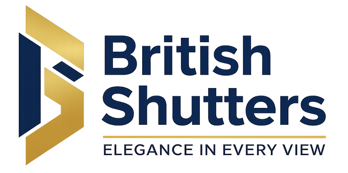 Logo of British Shutters with a gold and blue design on a white background