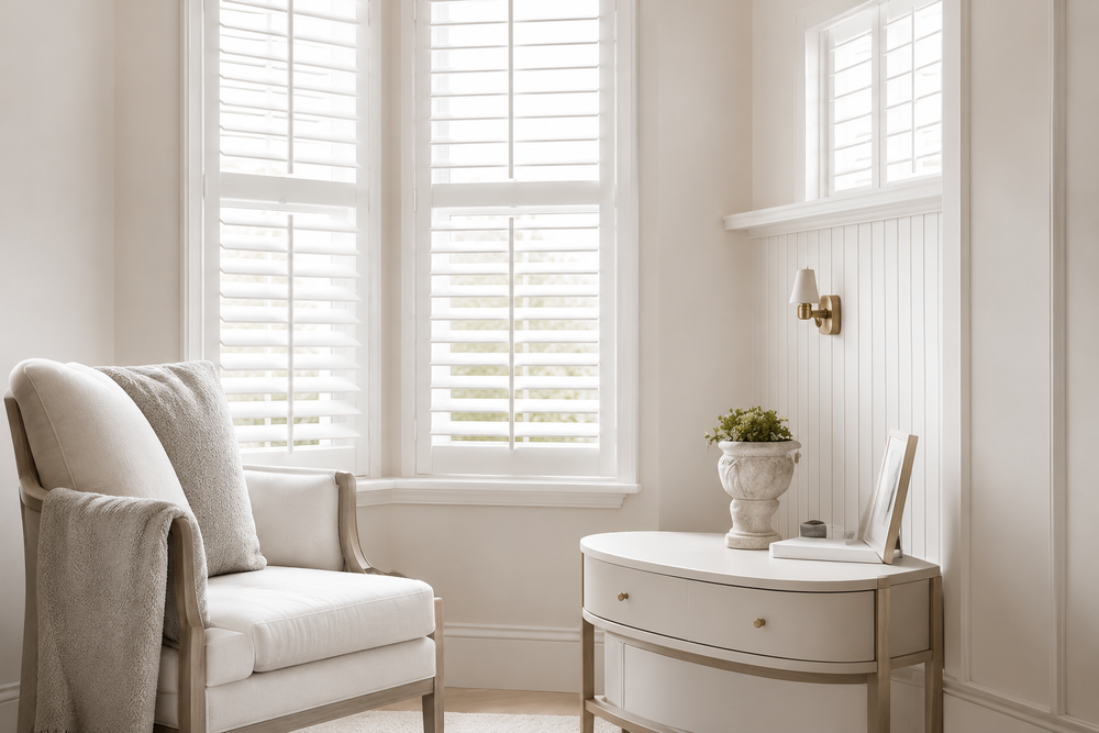 Neatly arranged room with a chair, table, and window blinds.
