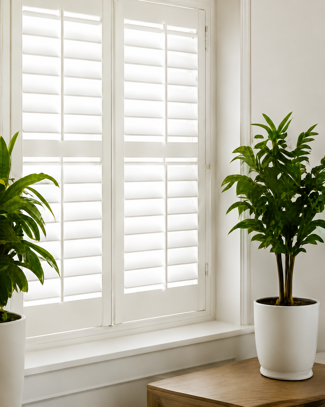 White shutters on a window with two potted plants in a room.