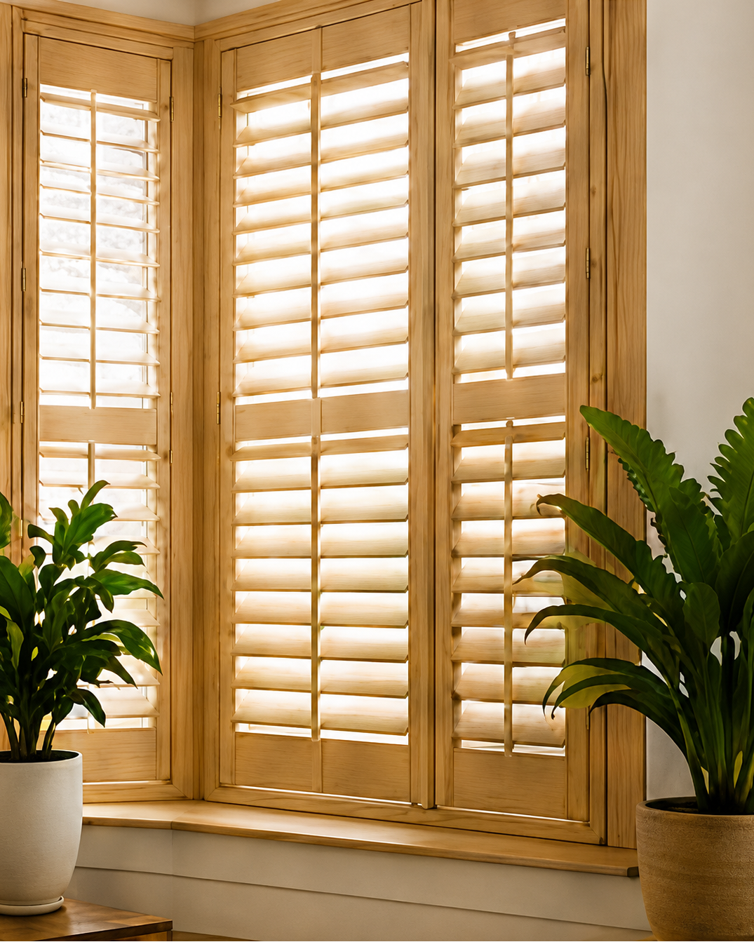 Wooden shutters on a window with two potted plants in a room.