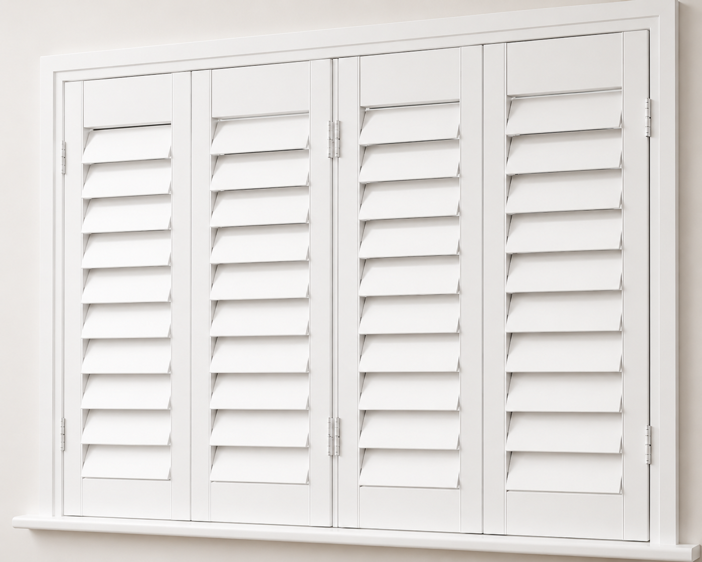 Living room windows fitted with plantation shutters