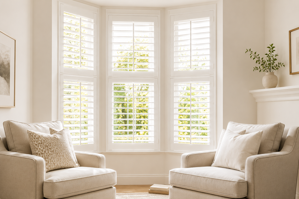 Elegant bay window featuring custom white plantation shutters, adjustable louvres, a bright interior, and natural sunlight for a stylish and timeless window design.