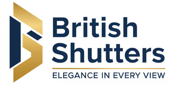 Logo of British Shutters with a gold and blue design on a white background