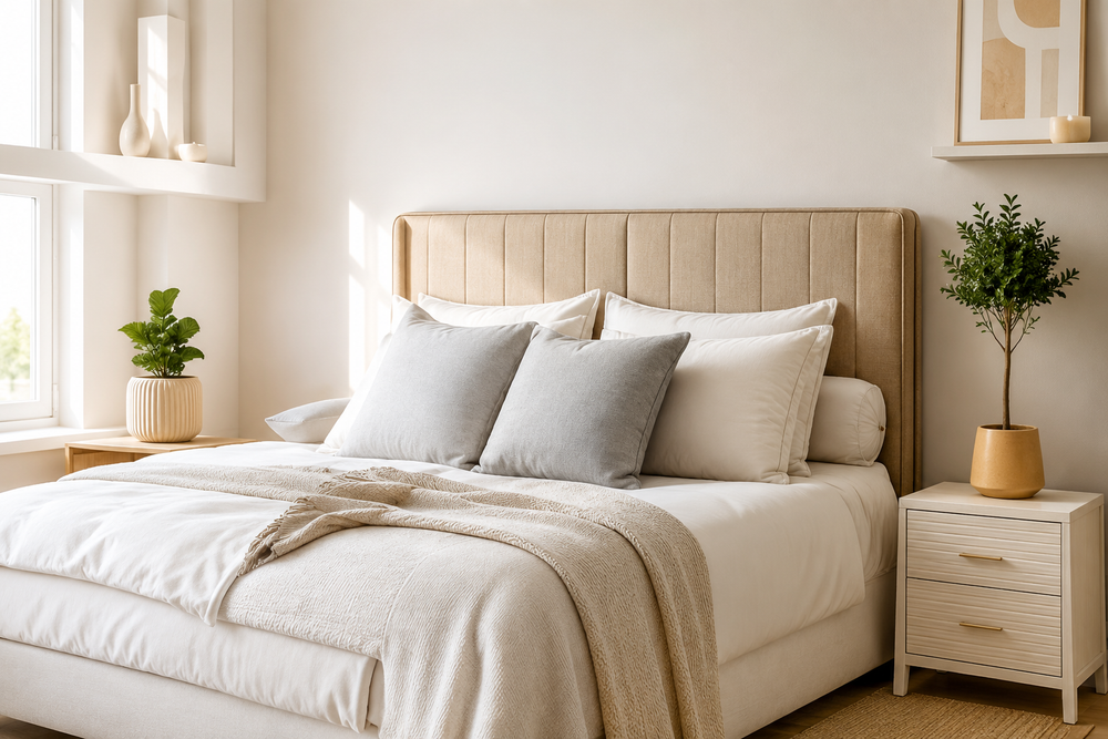 Modern cozy bedroom featuring a beige upholstered bed, white bedding, soft gray pillows, wooden bedside tables, indoor plants, and natural sunlight.