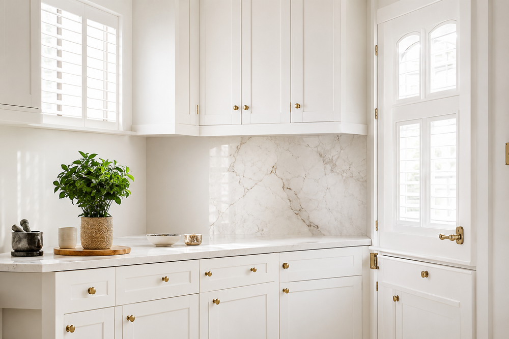 Elegant modern white kitchen featuring shaker-style cabinets, marble countertops, gold hardware, white window shutters, and natural sunlight.