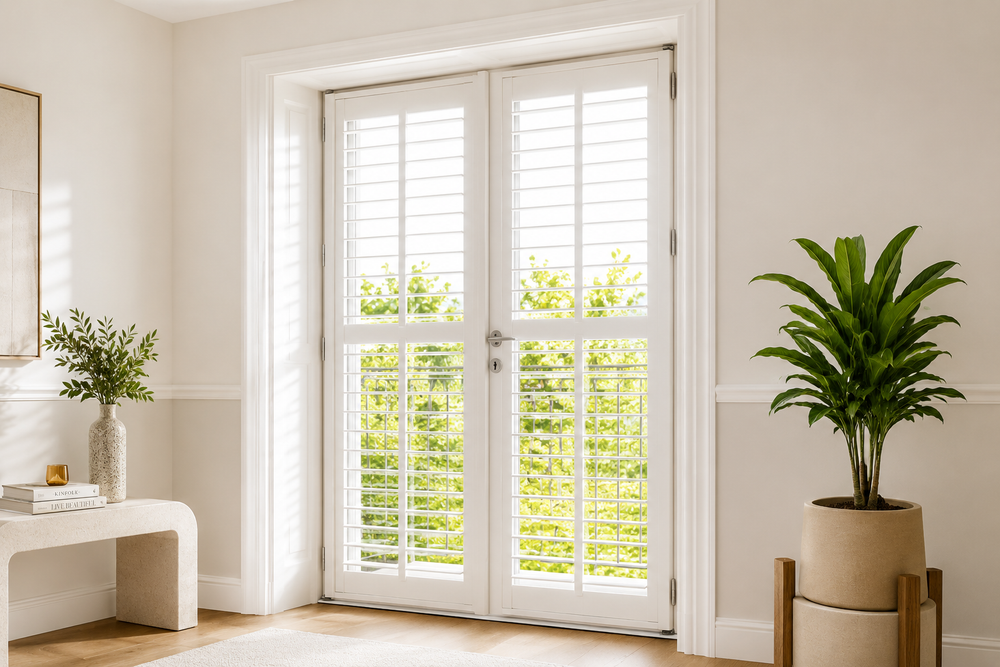 Elegant patio doors featuring custom white plantation shutters with adjustable louvres, providing privacy, natural light control, and a stylish modern interior.